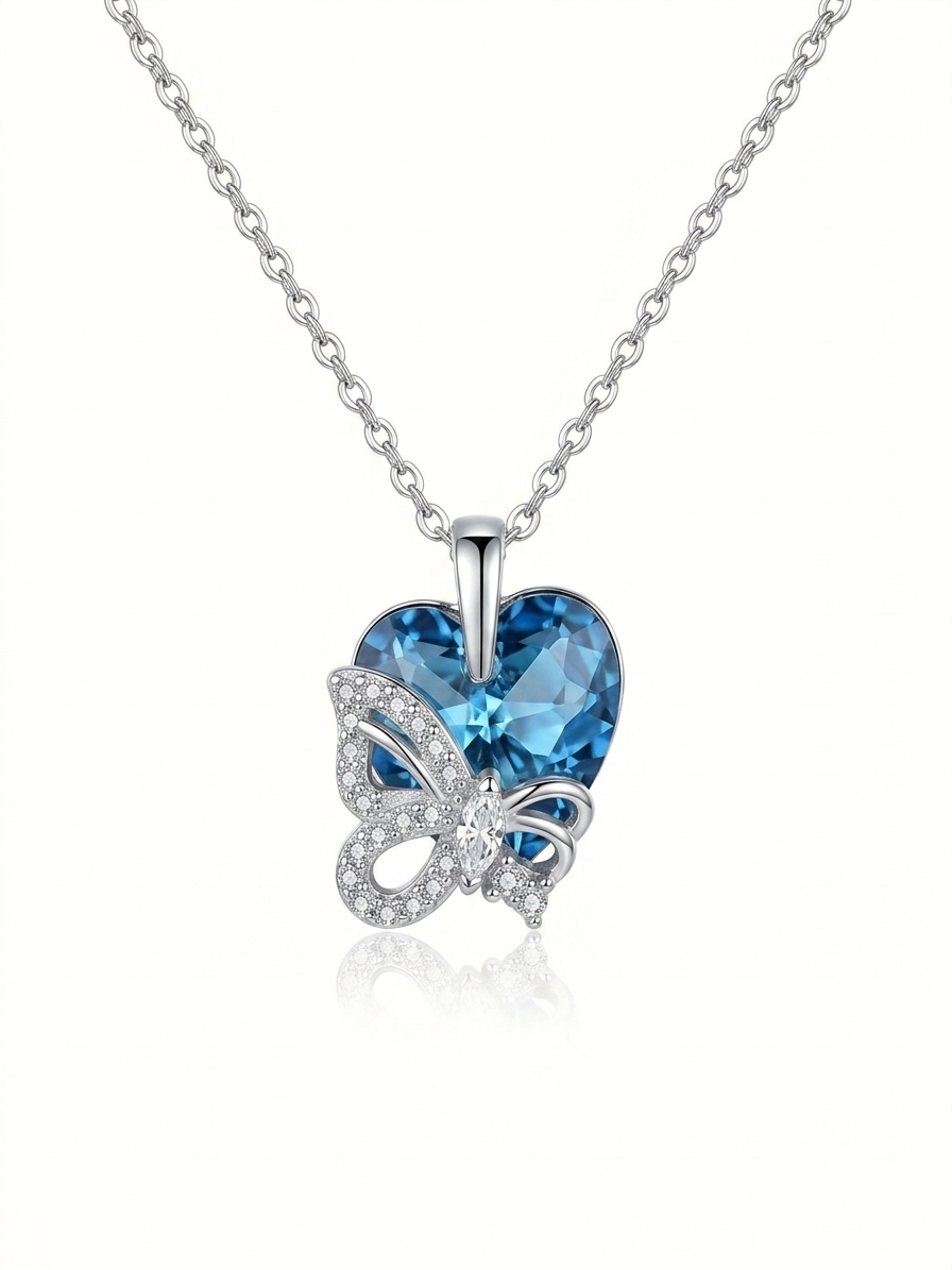Sapphire Butterfly Heart Necklace | 925 Sterling Silver Pendant Necklace