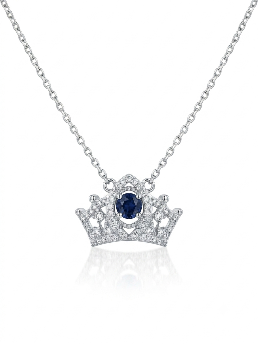 Sapphire Crown Necklace – Elegant Silver Crown Pendant Necklace