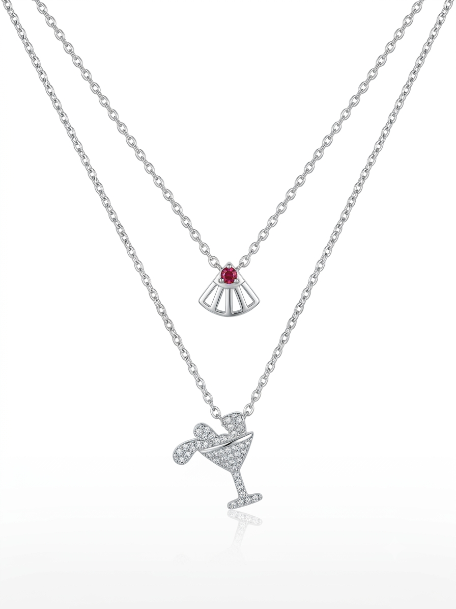 Cocktail Charm Layer Necklace – Elegant Double Layer Silver Necklace