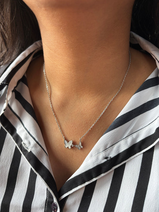 Twin Flutter Necklace - 925 Sterling Silver Twin Butterfly Necklace