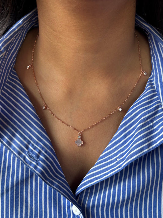Moon Pearl Clover Necklace - 925 Sterling Silver Rose Gold Necklace