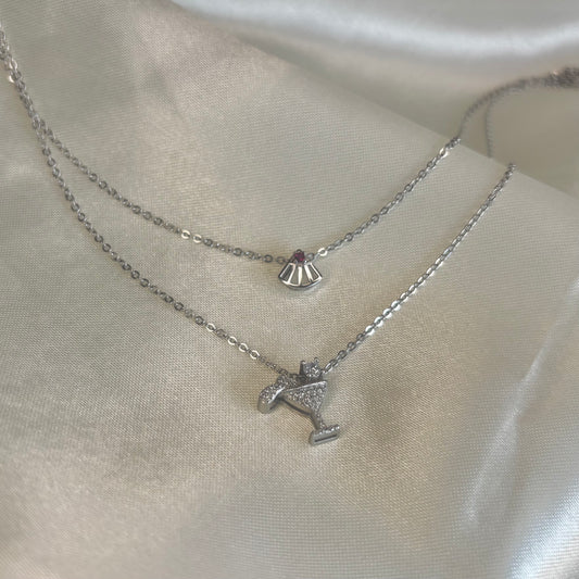 Cocktail Charm Layer Necklace – Elegant Double Layer Silver Necklace