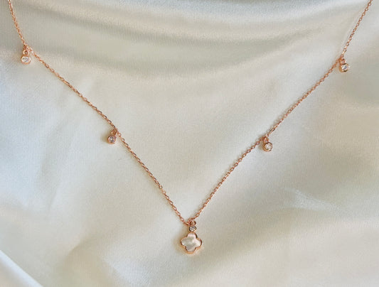 Moon Pearl Clover Necklace - 925 Sterling Silver Rose Gold Necklace